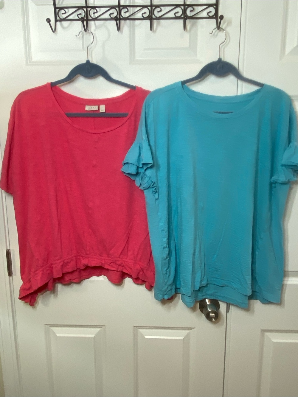 2fer!! LOGO by Lori Goldstein Pink and Teal Ruffle Short-Sleeve Tops